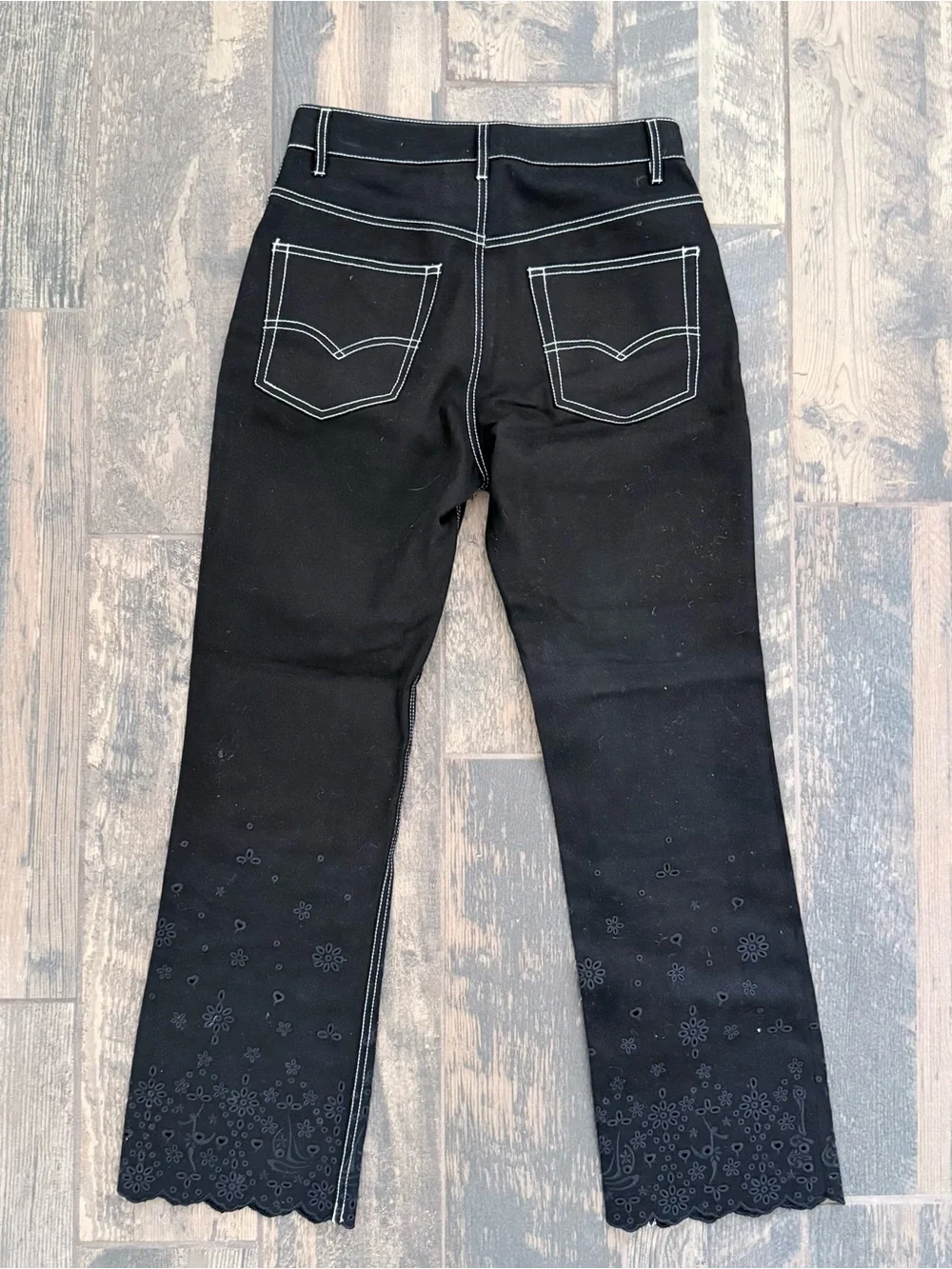 STAUD Black Cropped Jeans with Contrast White Stitching